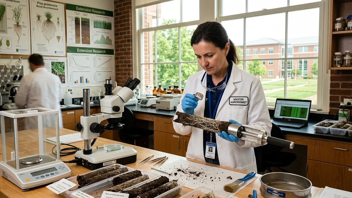 Certified Master Agronomist and turfgrass researcher inspecting soil core samples in university extension lab