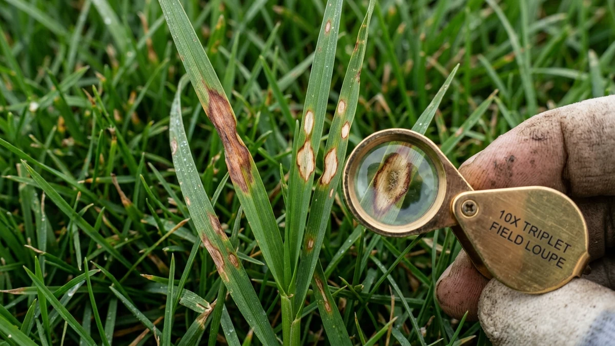 Close-up botanical macro diagnosis of lawn grass blade showing brown patch and fungal lesion margin