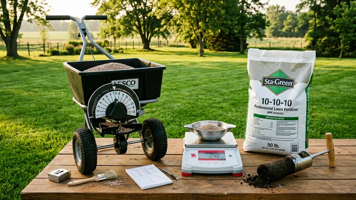 Editorial photograph showing rotary spreader calibration dial, scale, 10-10-10 fertilizer bag, and soil core sampler