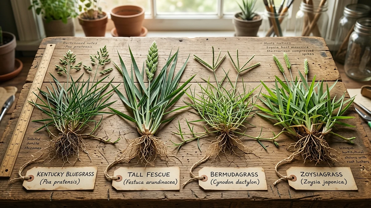 Botanical specimen photograph showing Kentucky Bluegrass, Tall Fescue, Bermudagrass, and Zoysiagrass with roots