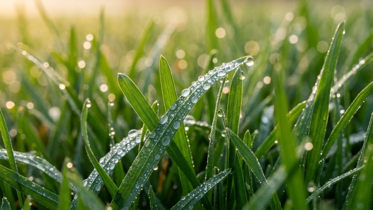 Macro editorial botanical photograph showing lawn turfgrass leaf blade anatomy and boat-shaped tip