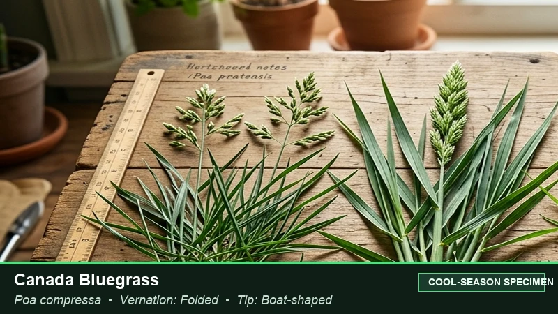 Botanical field specimen of Canada Bluegrass (Poa compressa)