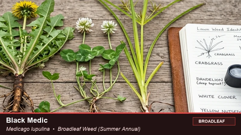 Botanical field specimen of Black Medic (Medicago lupulina)