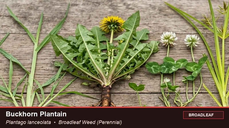 Botanical field specimen of Buckhorn Plantain (Plantago lanceolata)