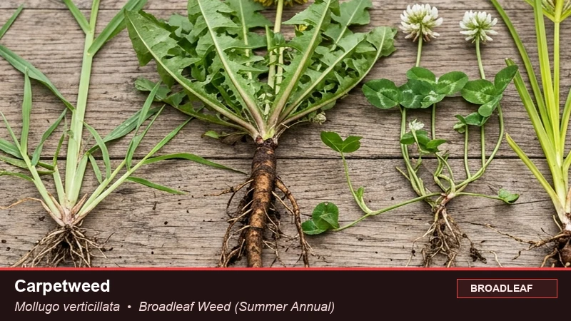 Botanical field specimen of Carpetweed (Mollugo verticillata)