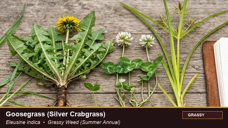 Botanical field specimen of Goosegrass (Silver Crabgrass) (Eleusine indica)