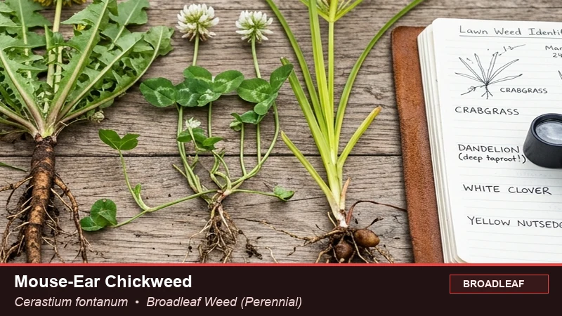 Botanical field specimen of Mouse-Ear Chickweed (Cerastium fontanum)